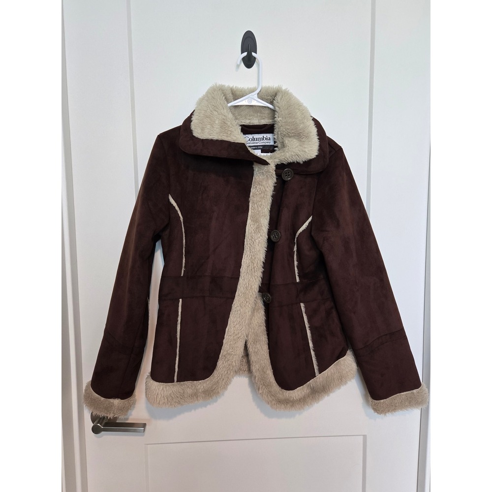 Columbia Womens Faux Suede Shearling Jacket Brown Faux Fur Trim Small